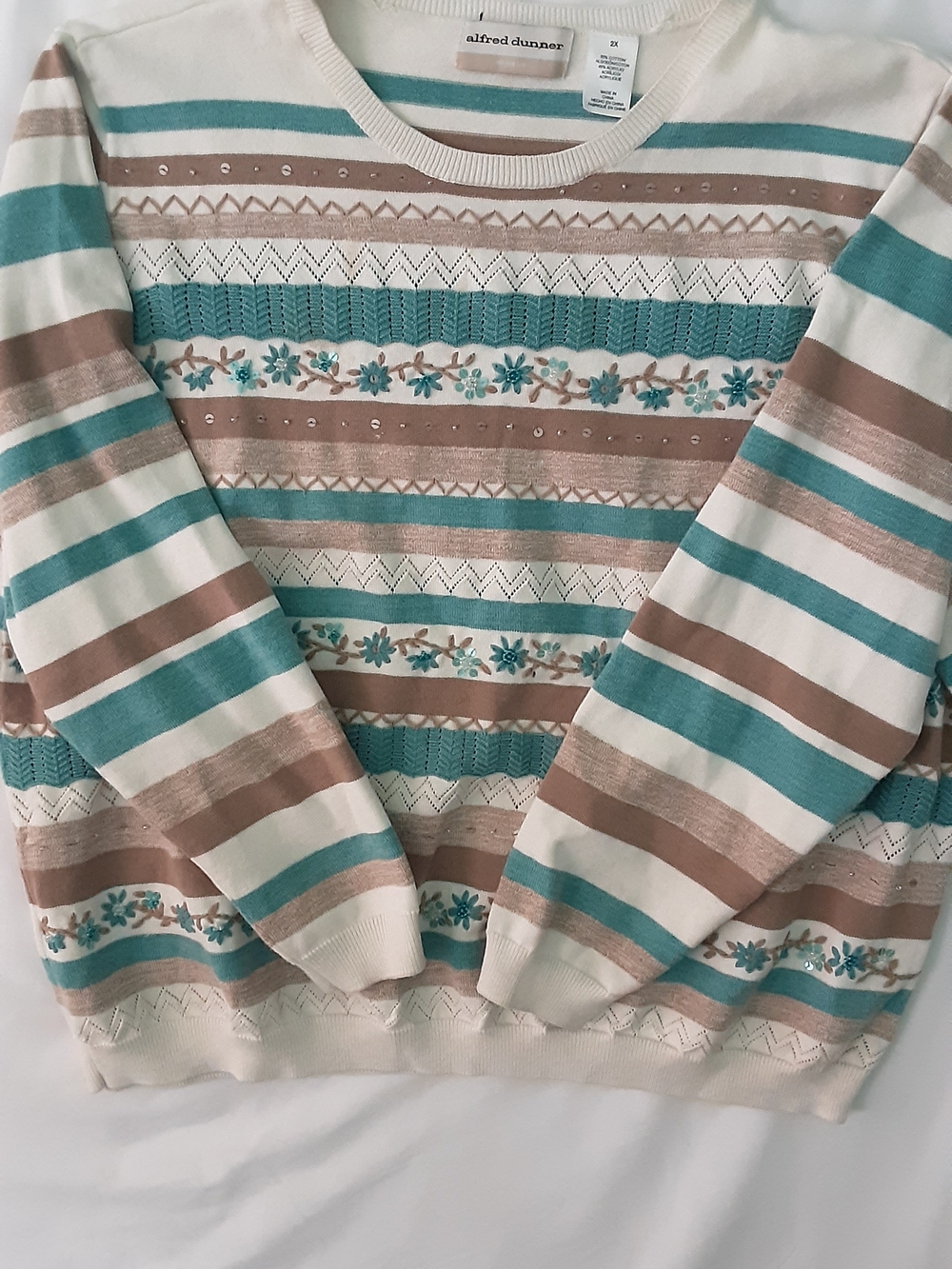 Alfred Dunner Cream, Teal & Taupe Striped Floral Knit Sweater